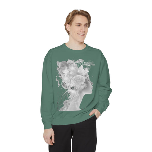 Unisex green sweatshirt featuring an ethereal white floral silhouette of a woman’s profile, symbolizing growth and peace.